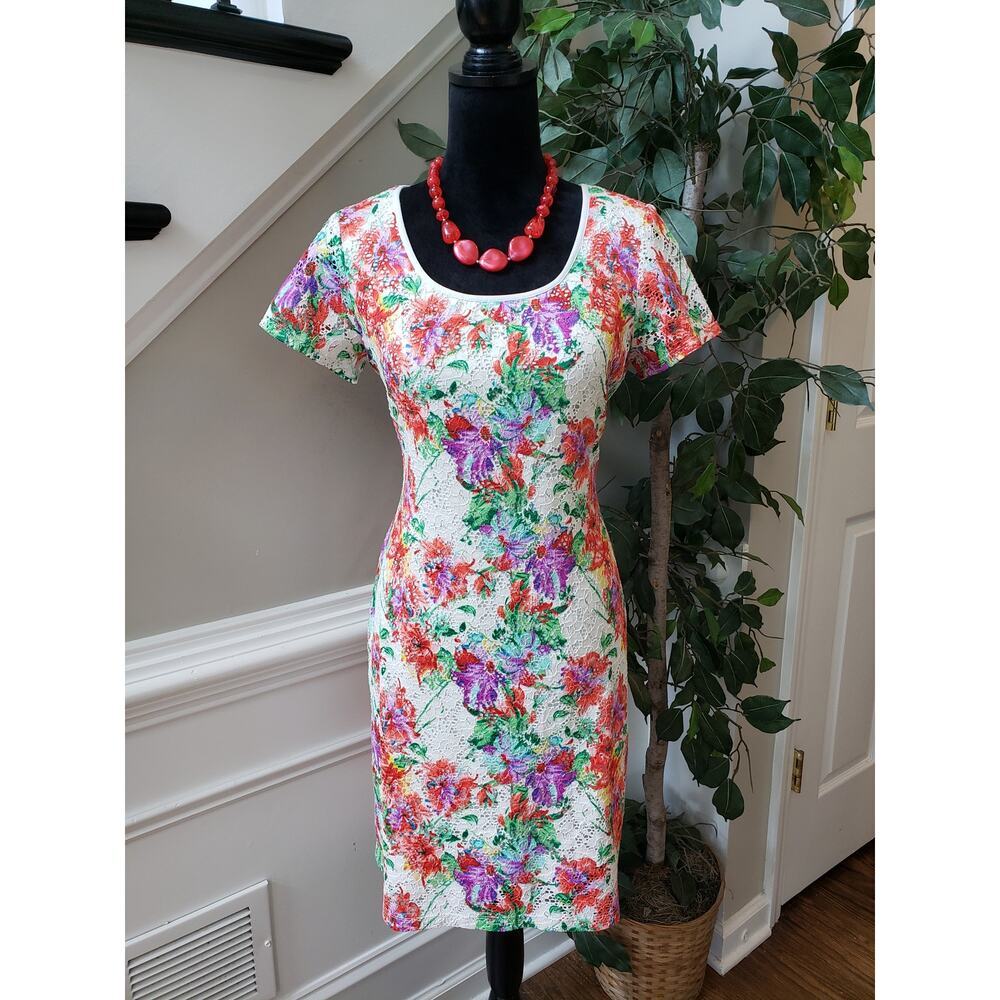 Ronni Nicole Sheath Dress Womens Size Medium Multi Lace Floral Lined Scoop Neck